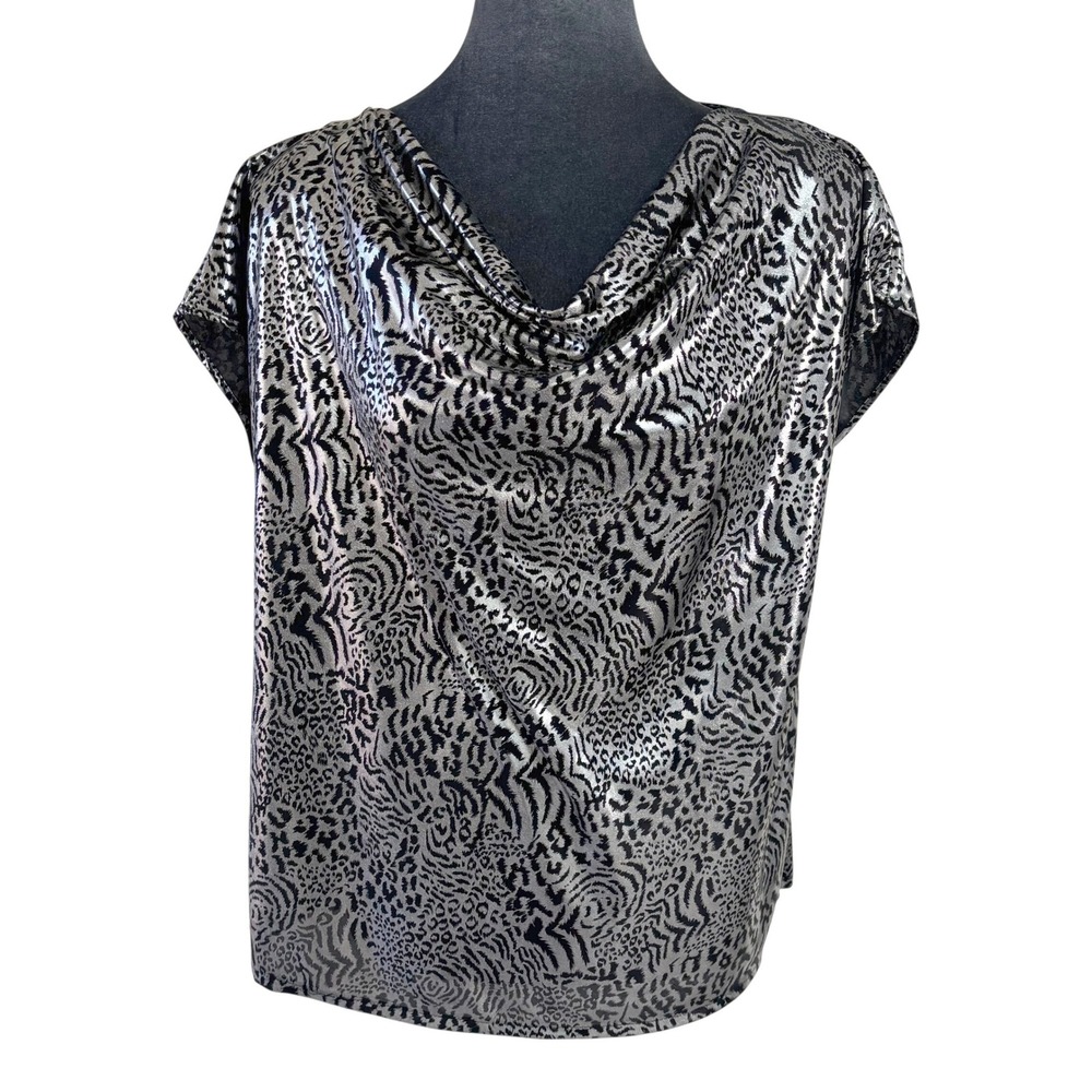 Jeri‎ Marque Vintage Glam Silver Metallic Foil Animal Print Cowl Neck Blouse L